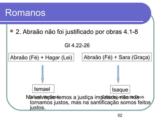 52
Romanos
 2. Abraão não foi justificado por obras 4.1-8
Na salvação temos a justiça imputada, não nos
tornamos justos, mas na santificação somos feitos
justos.
Abraão (Fé) + Hagar (Lei)
Ismael
Abraão (Fé) + Sara (Graça)
Isaque
Cristo a justiça de Deus
Gl 4.22-26
Esforço Humano
 