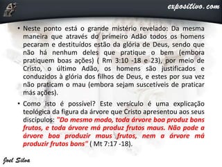 • Neste ponto está o grande mistério revelado: Da mesma
maneira que através do primeiro Adão todos os homens
pecaram e destituídos estão da glória de Deus, sendo que
não há nenhum deles que pratique o bem (embora
pratiquem boas ações) ( Rm 3:10 -18 e 23), por meio de
Cristo, o último Adão, os homens são justificados e
conduzidos à glória dos filhos de Deus, e estes por sua vez
não praticam o mau (embora sejam suscetíveis de praticar
más ações).
• Como isto é possível? Este versículo é uma explicação
teológica da figura da árvore que Cristo apresentou aos seus
discípulos: "Do mesmo modo, toda árvore boa produz bons
frutos, e toda árvore má produz frutos maus. Não pode a
árvore boa produzir maus frutos, nem a árvore má
produzir frutos bons" ( Mt 7:17 -18).
 