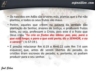 • Os nascidos em Adão são árvores más, plantas que o Pai não
plantou, e todos os seus frutos são maus.
• Porém, aqueles que crêem na palavra da verdade são
plantação do Senhor, árvores de Justiça, e produzem frutos
bons, ou seja, professam a Cristo, pois este é o fruto que
Deus criou "Eu crio os frutos dos lábios: paz, paz, para o
que está longe; e para o que está perto, diz o SENHOR, e eu
o sararei" ( Is 57:19 ).
• É preciso relacionar Rm 6:19 e Rm6:22 com Rm 7:4 sem
esquecer que, antes de serem libertos do pecado, os
cristãos eram escravos do pecado, e, portanto, só podiam
produzir para o seu senhor.
 