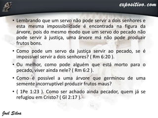 • Lembrando que um servo não pode servir a dois senhores e
esta mesma impossibilidade é encontrada na figura da
árvore, pois do mesmo modo que um servo do pecado não
pode servir à justiça, uma árvore má não pode produzir
frutos bons.
• Como pode um servo da justiça servir ao pecado, se é
impossível servir a dois senhores? ( Rm 6:20 ).
• Ou melhor, como pode alguém que está morto para o
pecado, viver ainda nele? ( Rm 6:2 ).
• Como é possível a uma árvore que germinou de uma
semente incorruptível produzir frutos maus?
• ( 1Pe 1:23 ). Como ser achado ainda pecador, quem já se
refugiou em Cristo? ( Gl 2:17 ).
 