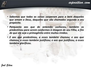 • Sabemos que todas as coisas cooperam para o bem daqueles
que amam a Deus, daqueles que são chamados segundo o seu
propósito.
• Porquanto aos que de antemão conheceu, também os
predestinou para serem conformes à imagem de seu Filho, a fim
de que ele seja o primogênito entre muitos irmãos.
• E aos que predestinou, a esses também chamou; e aos que
chamou, a esses também justificou; e aos que justificou, a esses
também glorificou.
 