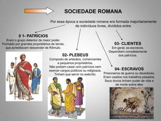 SOCIEDADE ROMANA
                                  Por essa época a sociedade romana era formada majoritariamente
                                                de indivíduos livres, divididos entre:

           0 1- PATRÍCIOS
   Eram o grupo detentor de maior poder.
Formado por grandes proprietários de terras,                                   03- CLIENTES
  que acreditavam descender de Rômulo.                                       Em geral, ex-escravos.
                                                                           Dependiam completamente
                                          02- PLEBEUS                            dos patrícios.
                                 Composto de artesãos, comerciantes
                                      e pequenos proprietários.
                                 Não podiam casar com patrícios nem
                                 exercer cargos públicos ou religiosos.         04- ESCRAVOS
                                    Tinham que servir no exército.      Prisioneiros de guerra ou devedores.
                                                                        Eram usados nos trabalhos pesados.
                                                                         Seus donos tinham poder de vida e
                                                                                 de morte sobre eles
 