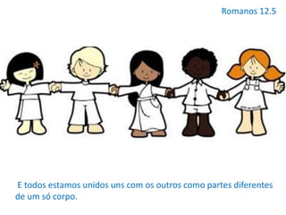 Romanos 12.5
E todos estamos unidos uns com os outros como partes diferentes
de um só corpo.
 