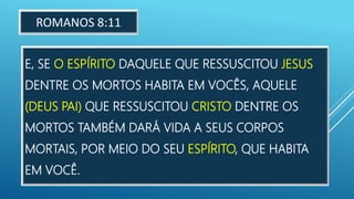 E, SE O ESPÍRITO DAQUELE QUE RESSUSCITOU JESUS
DENTRE OS MORTOS HABITA EM VOCÊS, AQUELE
(DEUS PAI) QUE RESSUSCITOU CRISTO DENTRE OS
MORTOS TAMBÉM DARÁ VIDA A SEUS CORPOS
MORTAIS, POR MEIO DO SEU ESPÍRITO, QUE HABITA
EM VOCÊ.
ROMANOS 8:11
 