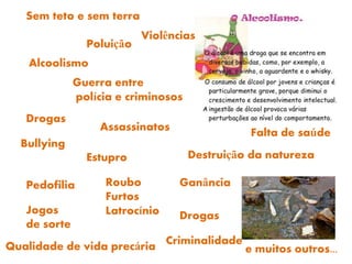 Sem teto e sem terra
Qualidade de vida precária
Destruição da natureza
Alcoolismo
Poluição
Drogas
Guerra entre
polícia e criminosos
Estupro
Pedofilia
Assassinatos
Roubo
Furtos
Latrocínio
Ganância
Falta de saúde
Violências
Bullying
Jogos
de sorte
Drogas
Criminalidade
e muitos outros...
 