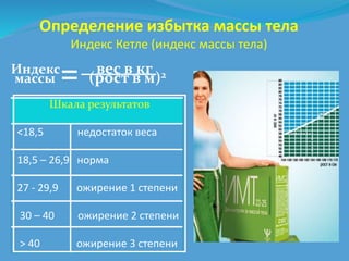 Определение избытка массы тела 
Индекс Кетле (индекс массы тела) 
Индекс вес в кг 
массы (рост в м)2 
Шкала результатов 
<18,5 недостаток веса 
18,5 – 26,9 норма 
27 - 29,9 ожирение 1 степени 
30 – 40 ожирение 2 степени 
> 40 ожирение 3 степени 
 
