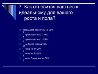 7. Как относится ваш вес к 
идеальному для вашего 
роста и пола? 
 превышает более чем на 30% 
0 
 превышает на 21-30% 
3 
 превышает на 11-20% 
6 
 не более чем на 10% 
10 
 ниже на 11-20% 
6 
 ниже на 21-30% 
3 
 ниже более чем на 30% 
0 
 