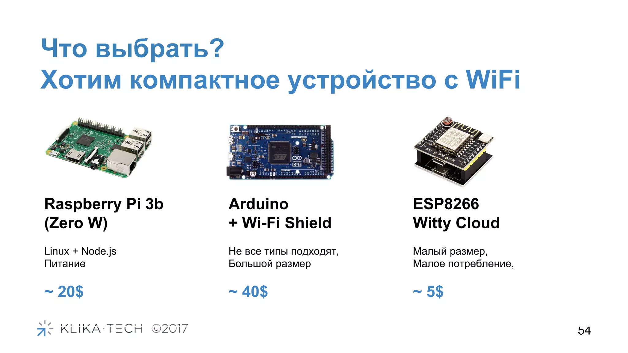 Что выбрать?
Хотим компактное устройство с WiFi
54
Raspberry Pi 3b
(Zero W)
Arduino
+ Wi-Fi Shield
ESP8266
Witty Cloud
Linux + Node.js
Питание
~ 20$
Не все типы подходят,
Большой размер
~ 40$
Малый размер,
Малое потребление,
~ 5$
 