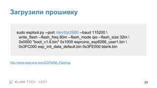 Загрузили прошивку
25
sudo esptool.py --port /dev/ttyUSB0 --baud 115200 
write_flash --flash_freq 80m --flash_mode qio --flash_size 32m 
0x0000 "boot_v1.6.bin" 0x1000 espruino_esp8266_user1.bin 
0x3FC000 esp_init_data_default.bin 0x3FE000 blank.bin
http://www.espruino.com/ESP8266_Flashing
 