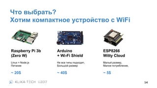 Что выбрать?
Хотим компактное устройство с WiFi
54
Raspberry Pi 3b
(Zero W)
Arduino
+ Wi-Fi Shield
ESP8266
Witty Cloud
Linux + Node.js
Питание
~ 20$
Не все типы подходят,
Большой размер
~ 40$
Малый размер,
Малое потребление,
~ 5$
 