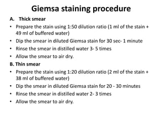 Giemsa staining procedure
A. Thick smear
• Prepare the stain using 1:50 dilution ratio (1 ml of the stain +
49 ml of buffered water)
• Dip the smear in diluted Giemsa stain for 30 sec- 1 minute
• Rinse the smear in distilled water 3- 5 times
• Allow the smear to air dry.
B. Thin smear
• Prepare the stain using 1:20 dilution ratio (2 ml of the stain +
38 ml of buffered water)
• Dip the smear in diluted Giemsa stain for 20 - 30 minutes
• Rinse the smear in distilled water 2- 3 times
• Allow the smear to air dry.
 