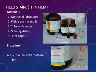 FIELD STAIN: (THIN FILM)
Materials:
1) Methanol (absolute)
2) Field’s stain A and B
3) Tube with water
4) Staining dishes
5)Filter paper
Procedure:
A. Fix thin film with methanol
for 1 min.
 