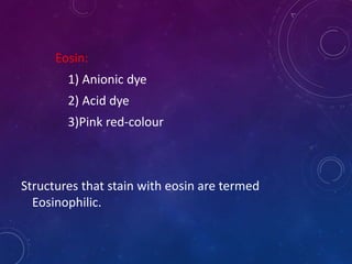 Eosin:
1) Anionic dye
2) Acid dye
3)Pink red-colour
Structures that stain with eosin are termed
Eosinophilic.
 
