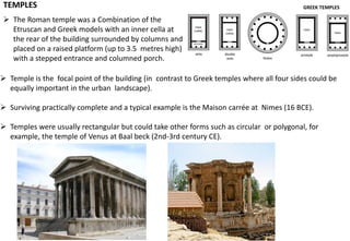 TEMPLES
➢ Temple is the focal point of the building (in contrast to Greek temples where all four sides could be
equally important in the urban landscape).
➢ Surviving practically complete and a typical example is the Maison carrée at Nimes (16 BCE).
➢ Temples were usually rectangular but could take other forms such as circular or polygonal, for
example, the temple of Venus at Baal beck (2nd-3rd century CE).
GREEK TEMPLES
➢ The Roman temple was a Combination of the
Etruscan and Greek models with an inner cella at
the rear of the building surrounded by columns and
placed on a raised platform (up to 3.5 metres high)
with a stepped entrance and columned porch.
 