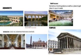 BASILICAS-USED AS ADMINISTRATION CENTERS
Bathhouses
Servedasmeetingplacesaswellasaplacetoget
cleaninwarm water
TEMPLES
AQUADUCTS
 