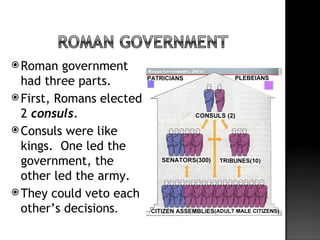  Roman   government
  had three parts.
 First, Romans elected
  2 consuls.
 Consuls were like
  kings. One led the
  government, the
  other led the army.
 They could veto each
  other’s decisions.
 