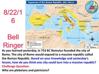 As you learned yesterday, in 753 BC Romulus founded the city of
Rome. The city of Rome would expand to a massive republic called
the Roman Republic. Based on your knowledge and yesterday’s
lesson, how do you think one city could turn into a massive republic?
Challenge Question:
Who are plebeians and patricians?
8/22/1
6
Bell
Ringer
 