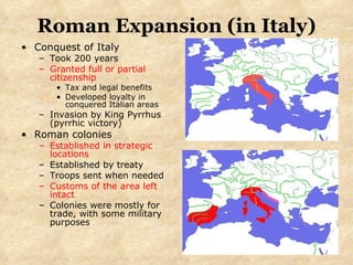 Roman Expansion (in Italy) Conquest of Italy Took 200 years Granted full or partial citizenship Tax and legal benefits Developed loyalty in conquered Italian areas Invasion by King Pyrrhus (pyrrhic victory) Roman colonies Established in strategic locations Established by treaty Troops sent when needed Customs of the area left intact Colonies were mostly for trade, with some military purposes 