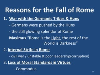 Reasons for the Fall of Rome
1. War with the Germanic Tribes & Huns
- Germans were pushed by the Huns
- the still glowing splendor of Rome
Maximus “Rome is the Light, the rest of the
World is Darkness”
2. Internal Strife in Rome
- civil war / unstable & poor leadership(corruption)

3. Loss of Moral Standards & Virtues
- Commodus

57

 