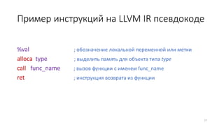 Пример инструкций на LLVM IR псевдокоде
%val ; обозначение локальной переменной или метки
alloca type ; выделить память для объекта типа type
call func_name ; вызов функции с именем func_name
ret ; инструкция возврата из функции
27
 