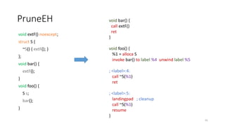PruneEH
void extF() noexcept;
struct S {
~S() { extF(); }
};
void bar() {
extF();
}
void foo() {
S s;
bar();
}
41
void bar() {
call extF()
ret
}
void foo() {
%1 = alloca S
invoke bar() to label %4 unwind label %5
; <label>:4:
call ~S(%1)
ret
; <label>:5:
landingpad ; cleanup
call ~S(%1)
resume
}
 