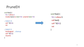 PruneEH
void foo() {
%1 = alloca S
call bar()
call ~S(%1)
ret
}
42
void foo() {
%1 = alloca S
invoke bar() to label %4 unwind label %5
; <label>:4:
call ~S(%1)
ret
; <label>:5:
landingpad ; cleanup
call ~S(%1)
resume
}
 