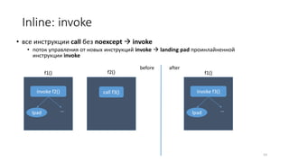 Inline: invoke
• все инструкции call без noexcept  invoke
• поток управления от новых инструкций invoke  landing pad проинлайненной
инструкции invoke
53
invoke f2()
f1()
call f3()
f2()
lpad …
invoke f3()
f1()
lpad …
before after
 
