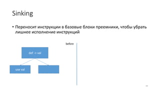Sinking
• Переносит инструкции в базовые блоки преемники, чтобы убрать
лишнее исполнение инструкций
69
def -> val
use val
before
 