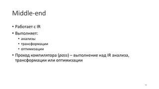 Middle-end
• Работает с IR
• Выполняет:
• анализы
• трансформации
• оптимизации
• Проход компилятора (pass) – выполнение над IR анализа,
трансформации или оптимизации
96
 