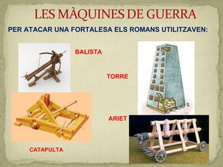 PER ATACAR UNA FORTALESA ELS ROMANS UTILITZAVEN:
BALISTA
CATAPULTA
TORRE
ARIET
 