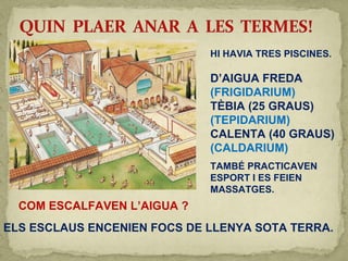 HI HAVIA TRES PISCINES.
D’AIGUA FREDA
(FRIGIDARIUM)
TÈBIA (25 GRAUS)
(TEPIDARIUM)
CALENTA (40 GRAUS)
(CALDARIUM)
TAMBÉ PRACTICAVEN
ESPORT I ES FEIEN
MASSATGES.
COM ESCALFAVEN L’AIGUA ?
ELS ESCLAUS ENCENIEN FOCS DE LLENYA SOTA TERRA.
 