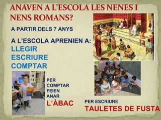 A PARTIR DELS 7 ANYS
A L’ESCOLA APRENIEN A:
LLEGIR
ESCRIURE
COMPTAR
PER
COMPTAR
FEIEN
ANAR
L’ÀBAC PER ESCRIURE
TAULETES DE FUSTA
 