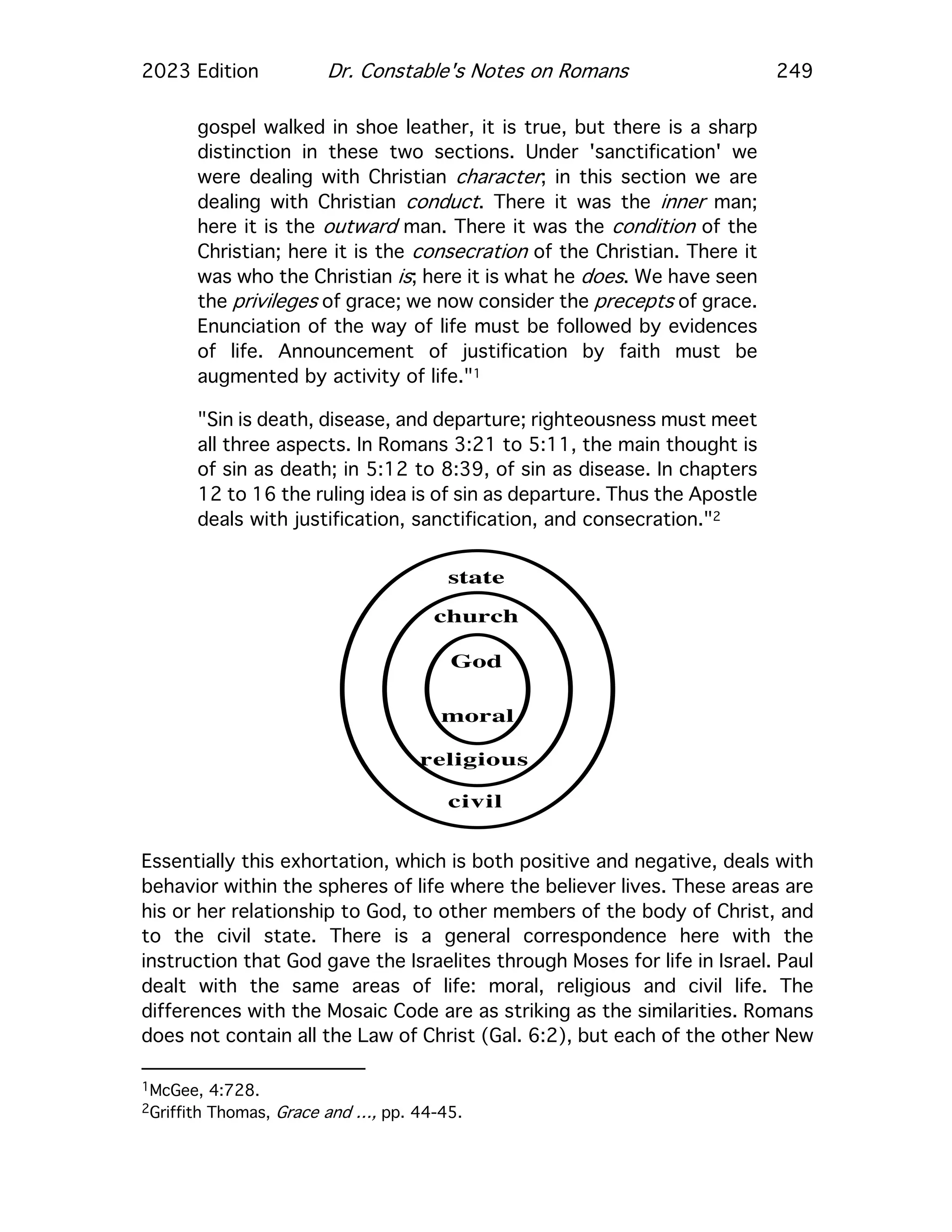 2023 Edition Dr. Constable's Notes on Romans 249
gospel walked in shoe leather, it is true, but there is a sharp
distinction in these two sections. Under 'sanctification' we
were dealing with Christian character; in this section we are
dealing with Christian conduct. There it was the inner man;
here it is the outward man. There it was the condition of the
Christian; here it is the consecration of the Christian. There it
was who the Christian is; here it is what he does. We have seen
the privileges of grace; we now consider the precepts of grace.
Enunciation of the way of life must be followed by evidences
of life. Announcement of justification by faith must be
augmented by activity of life."1
"Sin is death, disease, and departure; righteousness must meet
all three aspects. In Romans 3:21 to 5:11, the main thought is
of sin as death; in 5:12 to 8:39, of sin as disease. In chapters
12 to 16 the ruling idea is of sin as departure. Thus the Apostle
deals with justification, sanctification, and consecration."2
Essentially this exhortation, which is both positive and negative, deals with
behavior within the spheres of life where the believer lives. These areas are
his or her relationship to God, to other members of the body of Christ, and
to the civil state. There is a general correspondence here with the
instruction that God gave the Israelites through Moses for life in Israel. Paul
dealt with the same areas of life: moral, religious and civil life. The
differences with the Mosaic Code are as striking as the similarities. Romans
does not contain all the Law of Christ (Gal. 6:2), but each of the other New
1McGee, 4:728.
2Griffith Thomas, Grace and …, pp. 44-45.
God
church
state
moral
religious
civil
 