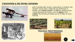 Amb l’arribada dels romans, l’agricultura va millorar. Van
introduir noves eines i màquines que facilitaven el
treball, com l’arada romana o el molí per moldre el gra,
i noves tècniques de conreu, com el regadiu o l’ús
d’adobs. Els conreus principals van ser el blat, la vinya i
l’olivera.
TRILOGIA MEDITERRÀNIA
L’economía a les terres romanes
 