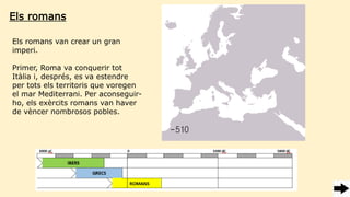 Els romans
Els romans van crear un gran
imperi.
Primer, Roma va conquerir tot
Itàlia i, després, es va estendre
per tots els territoris que voregen
el mar Mediterrani. Per aconseguir-
ho, els exèrcits romans van haver
de vèncer nombrosos pobles.
 