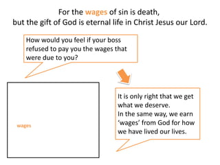For the wages of sin is death,
but the gift of God is eternal life in Christ Jesus our Lord.
How would you feel if your boss
refused to pay you the wages that
were due to you?
wages
It is only right that we get
what we deserve.
In the same way, we earn
wages from God for how
we have lived our lives.
 