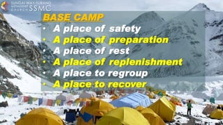 BASE CAMP
• A place of safety
• A place of preparation
• A place of rest
• A place of replenishment
• A place to regroup
• A place to recover
SSMC
SUNGAI WAY-SUBANG
METHODIST
C H U R C H
 