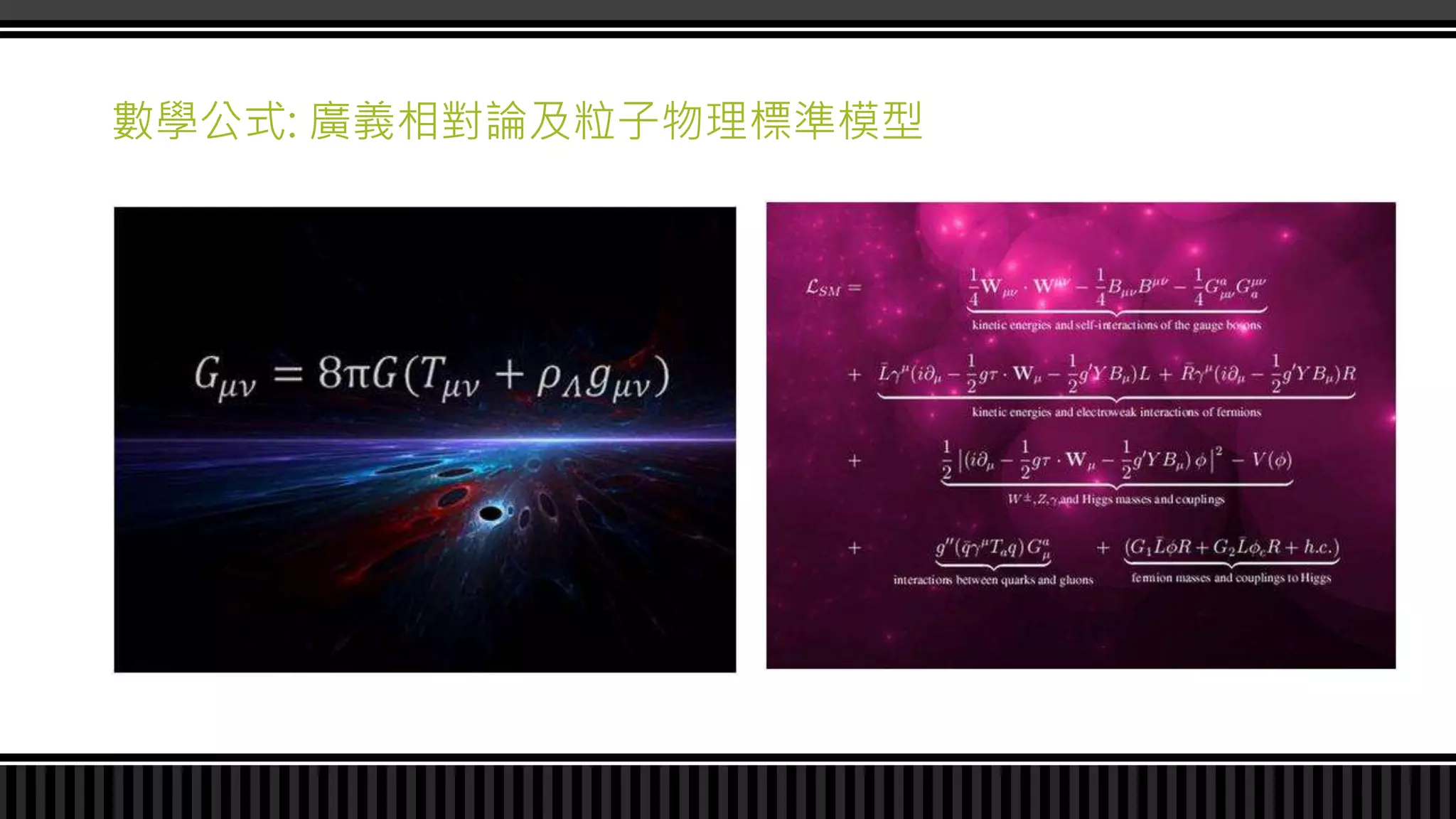 數學公式: 廣義相對論及粒子物理標準模型
 