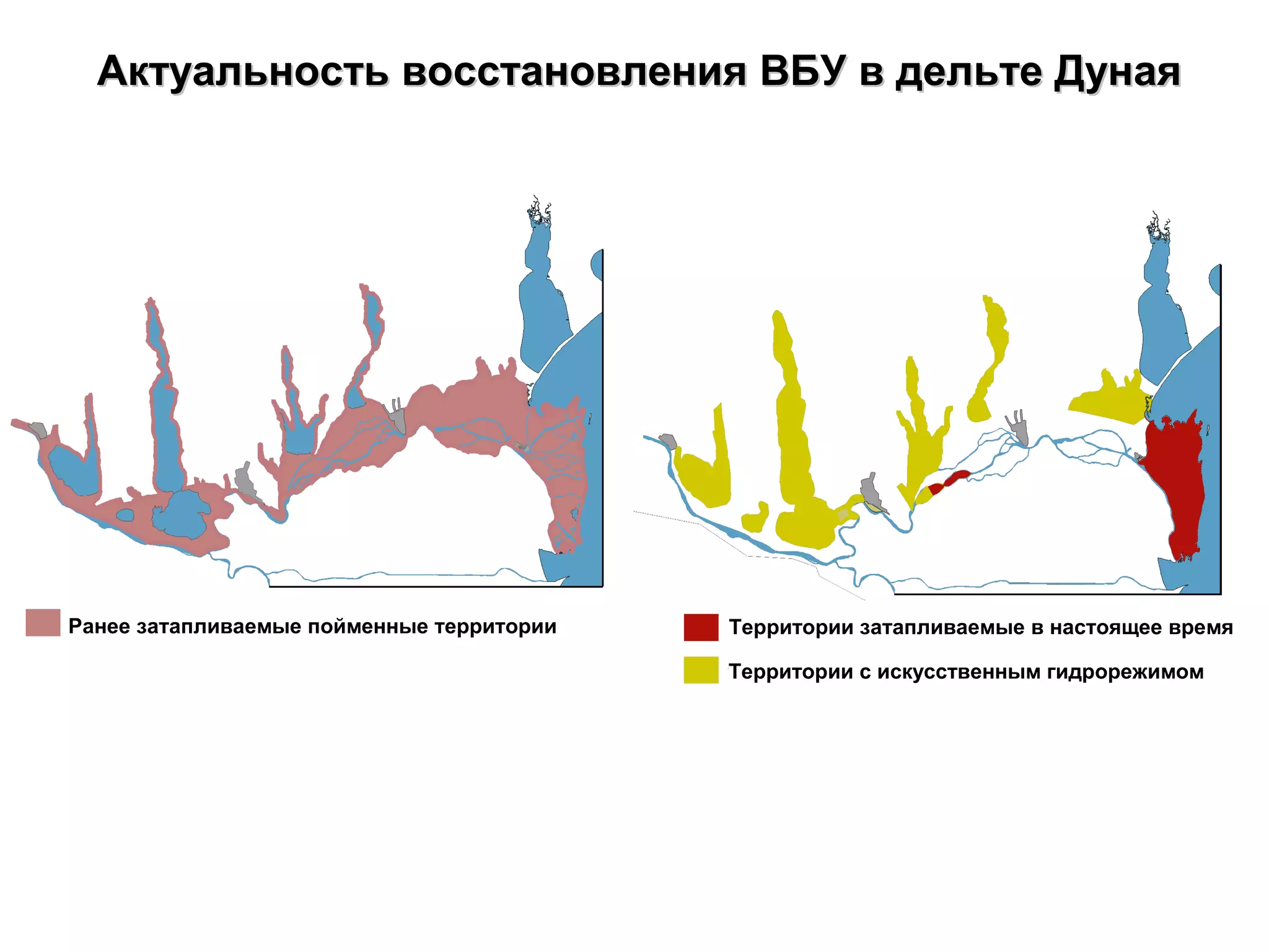 Ранее затапливаемые пойменные территории Территории затапливаемые в настоящее время
Территории с искусственным гидрорежимом
Актуальность восстановления ВБУ в дельте ДунаяАктуальность восстановления ВБУ в дельте Дуная
 