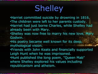 Shelley Harriet committed suicide by drowning in 1816. The children were left to her parents custody. Harriet had just borne Charles, while Shelley had already been with Mary. Shelley was now free to marry his new love, Mary Godwin. His poetry became well known for its deep, mythological vision. Friends with John Keats and financially supported Leigh Hunt when he was imprisoned. Hunt published the long poem, "Queen Mab" where Shelley explored his values including republicanism and atheism. 
