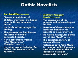 Gothic Novelists
• Ann Radcliffe(1764-1823)
• Pioneer of gothic novel
• Childless marriage, she began
to write fiction to amuse
herself.
• Her husband encouraged her
writing.
• She portrays the heroines as
the victim of a male
dominated society.
• Her most famous work is
“The Mysteries of
Udolpho”(4vol.1791)
• Her other works includes, The
Italian, The Romance of the
Forest etc.
• Matthew Gregory
Lewis(1775-1818)
• The separation of his
parents had adverse impact
on him,
• Because of the acrimony he
had seen between his
parents he never married.
• He wrote his popular gothic
novel ‘The Monk’ in 1796
• It is sensational story of
rape and incest
• Coleridge says “The Monk
is romance, which if parents
saw in the hand of son or
daughter, he might
reasonable turn pale”
 