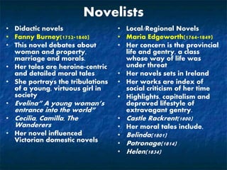 Novelists
• Didactic novels
• Fanny Burney(1752-1840)
• This novel debates about
woman and property,
marriage and morals.
• Her tales are heroine-centric
and detailed moral tales
• She portrays the tribulations
of a young, virtuous girl in
society
• Evelina” A young woman’s
entrance into the world”
• Cecilia, Camilla, The
Wanderers
• Her novel influenced
Victorian domestic novels
• Local/Regional Novels
• Maria Edgeworth(1764-1849)
• Her concern is the provincial
life and gentry, a class
whose way of life was
under threat
• Her novels sets in Ireland
• Her works are index of
social criticism of her time
• Highlights, capitalism and
depraved lifestyle of
extravagant gentry.
• Castle Rackrent(1800)
• Her moral tales include,
• Belinda(1801)
• Patronage(1814)
• Helen(1834)
 