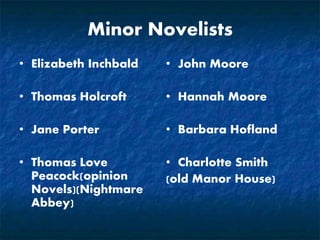 Minor Novelists
• Elizabeth Inchbald
• Thomas Holcroft
• Jane Porter
• Thomas Love
Peacock(opinion
Novels)(Nightmare
Abbey)
• John Moore
• Hannah Moore
• Barbara Hofland
• Charlotte Smith
(old Manor House)
 