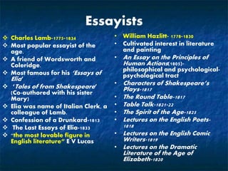 Essayists
 Charles Lamb-1775-1834
 Most popular essayist of the
age.
 A friend of Wordsworth and
Coleridge.
 Most famous for his ‘Essays of
Elia’
 ‘Tales of from Shakespeare’
(Co-authored with his sister
Mary)
 Elia was name of Italian Clerk, a
colleague of Lamb.
 Confession of a Drunkard-1813
 The Last Essays of Elia-1833
 "the most lovable figure in
English literature“ E V Lucas
• William Hazlitt- 1778-1830
• Cultivated interest in literature
and painting
• An Essay on the Principles of
Human Actions(1805)-
philosophical and psychological-
psychological tract
• Characters of Shakespeare’s
Plays-1817
• The Round Table-1817
• Table Talk-1821-22
• The Spirit of the Age-1825
• Lectures on the English Poets-
1818
• Lectures on the English Comic
Writers-1819
• Lectures on the Dramatic
Literature of the Age of
Elizabeth-1820
 