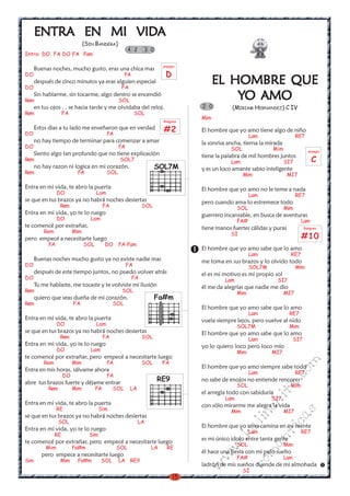 VIDA
      ENTRA EN MI VIDA
                                (SIN BANDERA)
                                                       4 2      3 0
Intro: DO FA DO FA Fam

                                                                       arpegio
      Buenas noches, mucho gusto, eras una chica mas
DO                                                    FA                D
DO
      después de cinco minutos ya eras alguien especial
                                                   FA
                                                                                       EL HOMBRE QUE
Rem
      Sin hablarme, sin tocarme, algo dentro se encendió
                                                  SOL                                      YO AMO
      en tus ojos . . se hacia tarde y me olvidaba del reloj.                    2 0         (MIRIAM HERNANDEZ) C IV
Rem                  FA                                     SOL
                                                                                 Mim
                                                                       Rasgueo


DO
      Estos dias a tu lado me enseñaron que en verdad
                                            FA
                                                                        #2       El hombre que yo amo tiene algo de niño
                                                                                                      Lam                   RE7
      no hay tiempo de terminar para comenzar a amar                             la sonrisa ancha, tierna la mirada
DO                                                FA                                         SOL               Mim                  arpegio
      Siento algo tan profundo que no tiene explicación                          tiene la palabra de mil hombres juntos
Rem                                               SOL7                                       Lam                      SI7             C
      no hay razon ni logica en mi corazón.                           SOL7M      y es un loco amante sabio inteligente
Rem                        FA               SOL                                                    Mim                 MI7

Entra en mi vida, te abro la puerta                                              El hombre que yo amo no le teme a nada
                 DO                   Lam                                                             Lam                   RE7
se que en tus brazos ya no habrá noches desiertas                                pero cuando ama lo estremece todo
                  Rem                      FA                   SOL                             SOL                   Mim
Entra en mi vida, yo te lo ruego                                                 guerrero incansable, en busca de aventuras
                 DO                Lam                                                          FA#                           Lam
te comencé por extrañar,                                                         tiene manos fuertes cálidas y puras              Rasgueo
          Rem             Mim
pero empecé a necesitarte luego
                                                                                             SI
                                                                                                                              #10
            FA                  SOL        DO     FA-Fam
                                                                                 El hombre que yo amo sabe que lo amo
                                                                                                      Lam               RE7
      Buenas noches mucho gusto ya no existe nadie mas                           me toma en sus brazos y lo olvido todo
DO                                                     FA                                             SOL7M                 Mim
      después de este tiempo juntos, no puedo volver atrás                       el es mi motivo es mi propio sol
DO                                                         FA                             Lam                    SI7
      Tu me hablaste, me tocaste y te volviste mi ilusión                        él me da alegrías que nadie me dio
Rem                                                SOL                                          Mim                   MI7
      quiero que seas dueña de mi corazón.                            Fa#m
Rem                       FA                    SOL
                                                                                 El hombre que yo amo sabe que lo amo
                                                                                                      Lam              RE7
Entra en mi vida, te abro la puerta                                              vuela siempre lejos, pero vuelve al nido
                 DO                   Lam                                                       SOL7M                  Mim
se que en tus brazos ya no habrá noches desiertas                                El hombre que yo amo sabe que lo amo
                  Rem                      FA                   SOL                                   Lam                   SI7
Entra en mi vida, yo te lo ruego                                                 yo lo quiero loco pero loco mío
                 DO                Lam                                                          Mim           MI7
te comencé por extrañar, pero empecé a necesitarte luego
          Rem             Mim               FA                  SOL    FA
                                                                                                                            m


                                                                                 El hombre que yo amo siempre sabe todo
Entra en mis horas, sálvame ahora
                                                                                                                      co



                                                                                                      Lam                   RE7
                     DO                     FA
abre tus brazos fuerte y déjame entrar
                                                                      RE9        no sabe de enojos no entiende rencores
                                                                                                                 a.




                                                                                                SOL                     Mim
            Rem           Mim         FA        SOL     LA
                                                                                 el arregla todo con sabiduría
                                                                                                            it




                                                                                          Lam                 SI7
Entra en mi vida, te abro la puerta
                                                                                                         ch




                                                                                 con sólo mirarme me alegra la vida
                 RE                     Sim                                                  Mim                      MI7
                                                                                                                            s
                                                                                                    in




se que en tus brazos ya no habrá noches desiertas
                                                                                                                 ica




                  SOL                                        LA
                                                                                                al




                                                                                 El hombre que yo amo camina en mi mente
Entra en mi vida, yo te lo ruego                                                                      Lam                     RE7
                                                                                                              nt




                RE                Sim
                                                                                           .k




                                                                                 es mi único idolo entre tanta gente
te comencé por extrañar, pero empecé a necesitarte luego                                        SOL                   Mim
                                                                                                         ma
                                                                                       w




           Mim            Fa#m                   SOL              LA     RE
                                                                                 él hace una fiesta con mi pelo suelto
         pero empece a necesitarte luego
                                                                                    w




                                                                                                FA#                   Lam
Sim               Mim      Fa#m          SOL      LA RE9
                                                                                                   ro




                                                                                 ladrón de mis sueños duende de mi almohada
                                                                                 w




                                                                                                   SI
                                                                            15
 