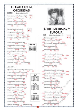 EL GATO EN LA
           GATO    LA
          OSCURIDAD
          OSCURIDAD
5 0-5-7           (ROBERTO CARLOS) C I
                                                    arpegio
Cuando era un chiquillo que alegría
                   RE                    LA          C
jugando a guerra noche y dia
             Mim              RE
saltando una verja verte a ti y así
                RE7          SOL       Solm
en tus ojos algo nuevo descubrir
        RE         LA                  RE

Las rosas decían que eras mía                  Rasgueo
                                                                                    LAGRIMAS
                                                                              ENTRE LAGRIMAS Y
             RE               LA               #1
y un gato me hacía compañía
                   Mim            RE                                              EUFORIA
desde que me dejaste yo no sé porque                                           2 0            (ALEJANDRO LERNER) C II               Rasgueo
                   RE7             SOL        Solm
la ventana es más grande sin tu amor                                               Este loco juego de vivir                         #2
     RE               LA                      RE                              SOL               LA         Sim   Fa#m
                                                                                   esta nueva aventura de sentir
El gato que está en nuestro cielo                                             SOL                LA              Sim    Fa#m
                Fa#m                   Doº                                         que ha sido en el medio de mi historia
no va a volver a casa si no estás
                                                    Mim7M                     SOL                          LA                 Sim
  SI7                              Mim                                             entre lagrimas y euforia
lo sabes mi amor que noche bella                                                         Fa#4              SOL
                Mim7M              SOL                                             pienso en ti, tirudan duro
presiento que tu estás en esa estrella                                        LA               RE     SOL LA
  LA                                     RE
El gato que está triste y azul                                                     Aún no he terminado de entender
             Fa#m             Sim                                             SOL                    LA                 Sim        Fa#m
nunca se olvida . . que fuiste mía                                                 aún no he terminado de crecer
             SOL        LA             RE                                     SOL                    LA           Sim        Fa#m
más siempre sabrá de mi sufrir                                                     vida y muerte sólo dos palabras
                   Fa#m            Sim                                        SOL                    LA          Sim
porque en mis ojos . . . .una lágrima hay                                          cual es buena y cual es mala
                SOL      LA                     RE                                         Fa#4                   SOL
                                                                                   para mi, tirudan duro
(Sube 1/2 tono )                                                              LA         RE         SOL LA

Querida querida vida mía reflejo de luna que reía                                  Sólo queda el silencio de tu sombra
          RE             LA                   Mim             RE              SOL                     LA                Sim        Fa#m
si amar es errado culpa mía te amé                                                 y el eco de mis gritos que te nombra
             RE7              SOL        Solm                                 SOL                     LA               Sim         Fa#m
en el fondo que es la vida no lo sé                                Doº             intento retenerte en mis recuerdos
        RE                   LA          RE                                   SOL              LA                      Sim
El gato que está en nuestro cielo                                                  estas demasiado lejos
             Fa#m                  Doº                                                         Fa#4        SOL
                                                                                                                                   m


no va a volver a casa si no estás                                                  y pienso en ti tarudan duro
  SI7                              Mim                                        LA               RE         SOL    LA
                                                                                                                             co



lo sabes mi amor que noche bella                              Fa#m                 pienso en ti tirudan duro
                Mim7M              SOL
                                                                                                                       a.




                                                                                               RE     SOL LA
presiento que tu estás en esa estrella                                             da dará du da ahah diri dará da
                                                                                                                  it




  LA                                   RE                                                        RE SOL                LA
El gato que está triste y azul
                                                                                                            ch




             Fa#m             Sim
                                                                                   Aún no he terminado de entender
                                                                                                                                   s




nunca se olvida . que fuiste mía
                                                                                                          in




                                                               Fa#4           SOL                    LA                 Sim Fa#m
                                                                                                                             ica




             SOL      LA               RE
                                                                                   aun no he terminado de crecer
                                                                                                     al




mas siempre serás en mi mirar                                                 SOL                    LA                Sim Fa#m
                Fa#m               Sim
                                                                                                                       nt
                                                                                               .k




                                                                                   que ha sido en el medio de mí historia
lágrima clara . de primavera                                                  SOL                          LA                Sim
                                                                                                                ma
                                                                                         w




          SOL      LA        RE
                                                                                   entre lágrimas y euforia
El gato que está en la oscuridad                                                         Fa#4               SOL
                                                                                      w




             Fa#m                  Sim
                                                                                                          ro




                                                                                   pienso en ti, tirudan duro
                                                                                   w




sabe que en mi alma . . . . . una lágrima hay                                 LA               RE     SOL LA
                   SOL       LA                          RE
                                                                         16
 