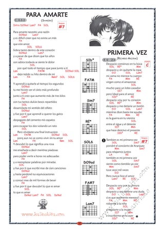 PARA AMARTE
                  AMARTE
 1 0-3-3                   (SHAKIRA)
                                          Rasgueo
Intro DO9ad Lam7 FA SOL
                                          #7
Para amarte necesito una razón
      DO9ad         Lam7
y es dificil creer que no exista un más
      FA
que este amor
              SOL       SOL6
Sobra tanto dentro de este corazón
      DO9ad              Lam7
y a pesar de que dicen que los años
                                                                            PRIMERA VEZ
      FA                                                                              (RICARDO ARJONA)
                                                                  SIbº   4 0    23
                                                                                                                     arpegio
son sabios todavía se siente le dolor
                                                                           Despacio comienzo en tu boca
                  SOL
                                                                               SOL    RE*                 Mim         C
   por qué todo el tiempo que pase junto a ti
Lam                      FA7M                       DO9ad-SOL              despacio y sin quitarte la ropa
                                                                                DO           SOL          Lam7
   dejo tejido su hilo dentro de mi
Lam           FA                   Rem7 SOL          SOL6                  mi cama no merece tu cuerpo
                                                                               FA            Mim          RE
                                                                 FA7M
                                                                           virgen como el amazonas
Y aprendí a quitarle al tiempo los segundos                                                         SOL
       DO9ad
                                                                           mucho para un lobo cazador
tu me hiciste ver el cielo más profundo                                               SI7                 Mim
       Lam7
                                                                           pero Ideal para el amor
junto a ti creo que aumente más de tres kilos                                   SIbº                RE
       FA
con tus tantos dulces besos repartidos                            Sim7     despacio voy por tu corazon
                                                                               SOL    RE*                 Mim
       SOL
                                                                           despacio y me detiene un botón
desarrolaste mi sentido del olfato                                              DO           SOL          Lam7
       DO9ad
                                                                           mientras dices basta me ayudas
y fue por ti que aprendi a querer los gatos                                    FA            Mim          RE
       Lam7
                                                                           es la guerra en tu vientre
despegaste del cemento mis zapatos
       FA                                                        RE*                                SOL
                                                                           entre el sigue y el detente
para escapar los dos volando un rato                                                 SI7            Mim
       SOL
                                                                           que hace desicivo el presente
   Pero olvidaste una final instruccion                                               SIbº               RE
Lam         FA7M                   DO9ad       SOL
   porq aun no se como vivir sin tu amor                                                                        Rasgueo
                                                                           Tambien es mi primera vez
Lam                 FA                     Rem       SOL
                                                                 SOL6           SOL                     Sim7    #7
Y descubri lo que significa una rosa
       DO9ad                                                               pondré el concierto de Aranjuez
                                                                                     Mim                      Sim7
me enseñaste a decir mentiras piadosas
       Lam7                                                                para relajarnos juntos
                                                                               LA            RE
para poder verte a horas no adecuadas
       FA                                                                  también es mi primera vez
                                                                                SOL                     Sim7
y a reemplazar palabras por miradas                              DO9ad     siente como tiemblo ya vez
      SOL
                                                                               Mim                      Sim7
y fue por ti que escribí mas de cien canciones
                                                                                                             m


       DO9ad                                                               tuve sexo mil veces
                                                                                     DO
                                                                                                     co



y hasta perdoné tus equivocaciones
       Lam7                                                                Pero nunca hice el amor
                                                                                Lam7        RE      SOL
                                                                                                  a.




y conoci mas de mil formas de besar
       FA                                                        FA#7
                                                                                             it




y fue por ti que descubri lo que es amar                                   Despacio voy por tu cintura
                                                                               SOL    RE*               Mim
                                                                                          ch




            SOL
lo que es amar                                                             despacio y me detiene una duda
                                                                                                               s
                                                                                     in




            Do9ad Lam7 FA SOL          Do9ad                                    DO           SOL              Lam7
                                                                                                     ica




                                                                           si es que realmente merezco
                                                                               al




                                                                               FA           Mim         RE
                                                                                                 nt




                                                                  Lam7     robarme a la niña
                                                                           .k




                                                                                            SOL
                                                                                           ma
                                                                         w




                                                                           y regalarte a la mujer
                                                                                     SI7          Mim
       www.kalinchita.com
                                                                         w




                                                                           e inscribirme en tu ayer
                                                                                     ro
                                                                       w




                                                                                SIbº                RE

                                                            30
 