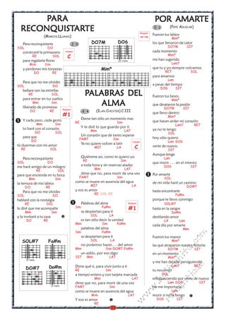 PARA                                                                                                                       AMARTE
                                                                                                                              POR AMARTE
  RECONQUISTAR
            ARTE
  RECONQUISTARTE                                                                                                  Rasgueo
                                                                                                                              5 2         (PEPE AGUILAR)

                         (MARCOS LLUNAS)                                                                          ver clip
                                                                                                                             Fueron tus labios
                                                                                                                                           Mim*
   Para reconquistarte                               2 0           DO7M                 DO6                                  los que llenaron de calor
SOL                       DO                                                                                                            DO7M           SI7
   construiré la primavera                   arpegio                                                                         cada momento
                                                                                                                                        Mim*
             RE                 SOL            C                                                                             me han sugerido
   para regalarte flores                                                                III traste
           Mim           Sim                                                                                                               Lam7
   y perdones mis torpezas                                                  Mim*                                             que tu y yo siempre volvamos
               DO               RE                                                                                                   RE7                   SOL
                                                                                                                             para amarnos
                                                                                                                                        Lam
   Para que no me olvides
SOL                             DO                                                                                           a pesar del tiempo
                                                                                                                                  DO6         SI7
                                                               PAL ABRAS DEL
                                                                ALABRAS
   bailare con las estrellas
         RE                    SOL
                                                                                                                             Fueron tus besos
   para entrar en tus sueños                                                                                                               Mim*
             Mim
   liberado de promesas
                               Sim
                                                                    ALMA                                                     que desataron la pasión
                                                                                                                                     DO7M            SI7
                                           Rasgueo
           DO                 RE                             4 4       (ILAN CHESTER) C III                                  que llevo dentro
                                           #1                                                                                           Mim*
   Y cada paso, cada gesto                                   Dame tan sólo un momento mas
                                                       RE                               Sim                                  que hacen arder mi corazón
                   Mim             Sim                                                                                                        Lam7           RE7
   lo haré con el corazón                                    Y te diré lo que guardo por ti
                                                                   Mim                        LA7                            ya no te tengo
                   DO              SOL                                                                                                  SOL
   para que                                                  Un corazón que de tanto esperar
                                                           FA#7                      Sim                                     hoy sólo quiero
            DO                                                                                          arpegio                         Lam DO6
tú duermas con mi amor                                       Ya no quiere volver a latir
  RE                          SOL
                                                                      MI7               LA                 C                 verte de nuevo.
                                                                                                                                        SI7
                                                                                                                             Aunque tenga
   Para reconquistarte                                       Quiéreme asi, como te quiero yo                                         Lam
                                                              RE                           Sim
SOL                       DO                                                                                                 que morir . . . en el intento
me haré amigo de un milagro                                  a toda hora y sin reservas atadas                                       DO6                   SI7
                   RE                SOL                              Mim                     LA7
para que encienda en tu boca                                 dime que no, para morir de una vez                              Por amarte
                                                           FA#7                         Sim                                          SOL
         Mim                       Sim
la ternura de mis labios                               como se muere en ausencia del agua                                    de mi vida haré un camino
      DO                  RE                                       MI7                                  LA                                             DO#7
   Para que no me olvides                              y eso es amor                                                         hasta encontrarte
                                                                      RE-SOL-RE                                                               Fa#m
SOL                             DO
hablaré con la nostalgia                                                                                                     porque te llevo conmigo
      RE                  SOL                                Palabras del alma                       Rasgueo                         SOL#7
le diré que me acompañe                                Sim                  Fa#m
                                                             se despiertan para ti
                                                                                                     #1                      hasta en la sangre
      Mim                      Sim                                                                                                         Do#m
y la invitaré a tu casa                                            SOL            LA                                         destilando amor
       DO                RE                                  es tan sólo decir la verdad                                             LA          Lam
                                                       Mim                  Sim         Fa#m                                 cada día por amarte
                                                             palabras del alma                                                                       Mim
                                                       Sim                  Fa#m
                                                                                                                                                           m


                                                             se despiertan para ti                                           Fueron tus manos
                                                                                                                                                     co



   SOL#7                      Fa#m                                 SOL            LA                                                       Mim*
                                                             no podemos hacer, . . del amor                                  las que atraparon nuestra historia
                                                                                                                                                 a.




                                                       Mim                   Sim-DO#7-Fa#m                                              DO7M                 SI7
                                                             un adiós, por eso digo
                                                                                                                                           it




                                                                                                                             en un momento
                                                       SI7      Mim               LÁ7                                                   Mim*
                                                                                                                                     ch




       IV traste
                                                                                                                             y me han dejado persiguiendo
                                                                                                                                           Lam7              RE7
                                                                                                                                                           s




       DO#7                   Do#m                     Dime qué si, para vivir junto a ti
                                                                                                                                 in
                                                                                                                                                  ica




                                                       RE                    Sim                                             tu recuerdo
                    x
                                                                                                                                    SOL
                                                                                                                             al




                                                       a tiempo entero y con tarjeta marcada
                                                                      Mim                               LA7                  enloqueciendo por verte de nuevo
                                                                                                                                           nt
                                                                                                                        .k




                    x                                  dime que no, para morir de una vez                                               Lam DO6                  SI7
                               IV traste
                                                       FA#7                       Sim                                        no me importaría. .
                                                                                                                                    ma
                                                                                                                  w




                                                       como se muere en ausencia del agua                                                  Lam
                                                                                                           w




                                                                   Mim                               LA7                     morir si no te tengo
                                                                                                                                ro




                                                       Y eso es amor                                                           DO6             SI7
                                                                                                     w




                                                                      RE
                                                                                   33
 