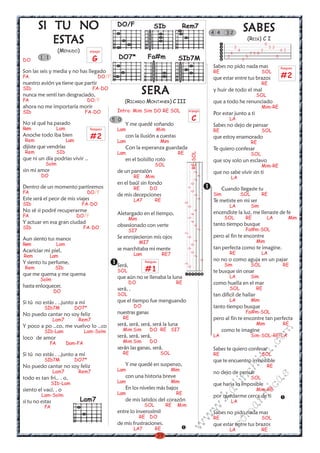 SI TU NO                                    DO/F                 SIb               Rem7
                                                                                                               4 4     32
                                                                                                                                       SABES
          ESTAS
          ESTAS                                                                                                                2
                                                                                                                                           (REIK) C I
                                                                                                                                                           0
                                                                                                                                                               3 2
                   (MENUDO)           arpegio
                                                                                                                           4
                                                                                                                                   4
                                                                                                                                               7 5 0
                                                                                                                                                       2                 4 2

DO
        1 1                            G            DO7*            Fa#m               SIb7M                           2
                                                                                                                                       3
                                                                                                                                           5                         0

                                                                                                               Sabes no pido nada mas                                    Rasgueo
Son las seis y media y no has llegado                                                                          RE                                      SOL
FA                                         DO/F                                                                que estar entre tus brazos                                #2
nuestro avión ya tiene que partir                                                                                                                      RE
SIb
nunca me sentí tan desgraciado,
                                       FA-DO
                                                                  SERA                                         y huir de todo el mal
                                                                                                                                                  SOL
FA                                 DO/F                 (RICARDO MONTANER) C III                               que a todo he renunciado
ahora no me importaría morir                                                                                                                           Mim-RE
SIb                               FA-DO            Intro: Mim Sim DO RE SOL                  arpegio
                                                                                                               Por estar junto a ti
                                                  5 0                                            C                      LA
No sé qué ha pasado                                     Y me quedé soñando                                     Sabes no dejo de pensar
Rem                Lam                Rasgueo      Lam                   Mim                                   RE                                      SOL
Anoche todo iba bien
 Rem                     Lam
                                      #2                con la ilusión a cuestas                               que estoy enamorado
                                                   Lam                        Mim                                                              RE
dijiste que vendrías                                    Con la esperanza guardada                              Te quiero confesar
 Rem               SIb                             Lam                                 RE                                                      SOL




                                                                                                2 RE-SOL
que ni un día podrías vivir ..                          en el bolsillo roto                                    que soy solo un esclavo
           Solm                                                          SOL                                                                           Mim-RE
sin mi amor                                        de un pantalón                                              que no sabe vivir sin ti
         DO                                                  RE    Mim                                                     LA



                                                                                                      3
                                                                                                   2
                                                   en el baúl sin fondo
                                                                                                0
Dentro de un momento partiremos                              RE        DO                    1                       Cuando llegaste tu
FA                                 DO/F                                                         0              Sim                     SOL             RE
                                                   de mis decepciones                              2
Este será el peor de mis viajes                              LA7         RE                           3        Te metiste en mi ser
SIb                              FA-DO
                                                                                            0



                                                                                                                        LA                     Sim
                                                                                             0



No sé si podré recuperarme                                                                                     encendiste la luz, me llenaste de fe
                                                                                                   4



FA                             DO/F                Aletargado en el tiempo,
                                                                                                4




                                                           Mim                                                        SOL                  RE              LA                  Mim
                                                                                             3




Y actuar en esa gran ciudad                                                                                    tanto tiempo busque
                                                                                                4




SIb                               FA-DO            obsesionado con verte
                                                                                                   4




                                                           SI7                                                                             Fa#m-SOL
                                                                                                      2
                                                                                            2




                                                   Se enrojecieron mis ojos                                    pero al fin te encontre
Aun siento tus manos
                                                                                             0




                                                                 MI7                                                                              Mim
                                                                                                   2




Rem                Lam
                                                                                                0




                                                   se marchitaba mi mente                                      tan perfecta como te imagine.
Acariciar mi piel,
                                                                                             0




                                                             Lam              RE7                                       RE                             LA
                                                                                                0




Rem           Lam
                                                                                                   2




                                                                                                               no no o como aguja en un pajar
Y siento tu perfume,
                                                                                                           0




                                                                   Rasgueo
                                                   Será,                                                              Sim                      SOL                        RE
                                                                                            3




 Rem             SIb                                               #1
                                                                                             0




                                                   SOL                                                         te busque sin cesar
que me quema y me quema                                                                                                 LA                     Sim
        Solm                                       que aún no se llenaba la luna
                                                           DO                          RE                      como huella en el mar
hasta enloquecer.                                                                                                       SOL                       RE
                 DO                                será, .
                                                   SOL                                                         tan dificil de hallar
                                                   que el tiempo fue menguando                                          LA                     Mim
Si tú no estás . ..junto a mí
          SIb7M                DO7*                          DO                                                tanto tiempo busque
                                                   nuestras ganas                                                                          Fa#m-SOL
No puedo cantar no soy feliz
                 Lam7           Rem7                    RE                                                     pero al fin te encontre tan perfecta
                                                   será, será, será, será la luna                                                                 Mim                     RE
Y poco a po ..co, me vuelvo lo ..co
          SIb-Lam                 Lam-Solm              Mim Sim        DO RE SI7                                     como te imagine
                                                                                                                                                               m


                                                   será, será, será,                                           LA                              Sim-SOL-RE-LA
loco de amor
                                                                                                                                                       co



              FA         Dom-FA                         Mim Sim        DO
                                                   serán las ganas, será.                                      Sabes te quiero confesar
                                                                                                                                                a.




Si tú no estás . ..junto a mí                           RE                    SOL                              RE                                      SOL
                                                                                                                                        it




          SIb7M                DO7*                                                                            que te encuentro irresistible
No puedo cantar no soy feliz                            Y me quedé en suspenso,                                                                            RE
                                                                                                                               ch




                 Lam7           Rem7               Lam                              Mim
                                                                                                               no dejo de pensar
                                                        con una historia breve
                                                                                                                                                               s




todo es tan fri.. . o,                                                                                                                         SOL
                                                                                                                      in




                                                   Lam                              Mim
                                                                                                                                                  ica




               SIb-Lam                                                                                         que haria lo imposible
                                                        En los niveles más bajos
                                                                                                                al




siento el vaci. . o                                                                                                                               Mim-RE
         Lam-Solm                                  Lam                                 RE
                                                                                                               por quedarme cerca de ti
                                                                                                                                           nt




                                Lam7
                                                                                                               .k




si tu no estas                                          de mis latidos del corazón                                         LA
          FA                                                       SOL            RE   Mim
                                                                                                                           ma
                                                                                                           w




                                                   entre lo inverosímil                                        Sabes no pido nada mas
                                                                 RE DO
                                                                                                w




                                                                                                               RE                                      SOL
                                                                                                                     ro




                                                   de mis frustraciones.                                       que estar entre tus brazos
                                                                                            w




                                                             LA7         RE                                             LA                             RE
                                                                             39
 
