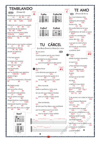 TEMBL ANDO
  TEMBLANDO                                                                                                   arpegio
                                                                                                                                 TE AMO
  4 4-2           (HOMBRE G)                 arpegio                                                           C
                                              G                Fa#m                    Fa#m7M                             2 1       (FRANCO DE VITA)
Temblando con los ojos cerrados
          LA          RE MI            LA                                                                               Ay si nos hubieran visto
el cielo esta nublado y a lo lejos tú                                                                                   Rem7                       SOL
  RE         MI       Fa#m             DO#                                                                              estábamos ahi sentados
                                                                                                                         Rem7                 SOL
Hablando de lo que te ha pasado                                                                                         frente a fre. . nte
      LA          RE          MI       LA                                                                                           FA      DO
intentando de dar palabras                                    Fa#m7                    Fa#m6                            No podia faltarnos la luna
  RE MI           Fa#m                                                                    x                             SOL                        Lam
para no hacerme tanto daño                                                                                              y hablábamos de todo un poco
Fa#m7M                Fa#m7                                                                                                Rem7                          SOL
                                                                                          x                             y todo nos causaba risa
tanto daño y yo sigo temblando
Fa#m6             RE                  MI                                                                                 Rem7                 SOL
                                                                                                                        como dos ton. . tos
                                                                                                                                       FA DO
                                                                                                                        y yo que no veia la hora
De la mano y con mucho cuidado
       LA           RE MI              LA                     TU CÁRCEL                                                  SOL
                                                                                                                        de tenerte en mis brazos
                                                                                                                                                 Lam

os besasteis en silencio                                 (LOS BUKIS ENANITOS VERDES) AF CAIDA                                    SOL7
          RE MI Fa#m                                                                                                    y poderte decir
donde no había luz                                     Te vas amor,                               3 0                                                    Rasgueo
          DO#                                          DO
                                                       si así lo quieres que le voy a hacer                             Te amo                           #2
                                                                                SOL                                       DO
Y me hace gracia
               LA                                      tu vanidad no te deja entender                                   desde el primer momento
                                                               MI          Lam                                                         FA
tu manera de contarlo
       RE MI              LA                                que en la pobreza se sabe querer                            en que te vi
                                                       FA                  RE             SOL                                       DO
como el que cuenta
       RE           MI
                                                                                                                        y hace tiempo te buscaba
                                                                                                  Rasgueo                        FA                DO
que ha pensado                                         Quiero llorar
     Fa#m                                              DO                                         #1                    y ya te imaginaba asi
                                                                                                                         Rem7         DO SOL7
que ha decidido que seguimos                           y me destroza que pienses así
          Fa#m7M              Fa#m7
                                                                                                                        te amo
                                                                                SOL
                                                                                                                         DO
siendo amigos                                          y mas que ahora me quede sin ti
Fa#m6
                                                                                                                        aunque no es tan fácil
                                                                     MI                Lam
                                                                                                                                 FA
y yo estoy temblando y llorando                             me duele lo que tú vas a sufrir
RE                  MI                LA
                                                                                                                        de decir
                                                       FA            RE                SOL
                                                                                                                               DO
                                                                                                                        y defino lo que siento
Me había jurado                                             Pero recuerda                                                      FA             DO
     Fa#m                                              DO                                                               con estas palabra . as
que nunca iba a llorar                                 nadie es perfecto y tú lo verás                                  Rem7             DO      SOL7
       Sim                    MI                                                SOL                                     Te amo . . mhhhh
escuchando cada palabra                                tal vez mil cosas mejores tendrás                                   DO FA         DO
       LA           Fa#m                                             MI             Lam
que no quiero escuchar                                      pero un cariño sincero jamás
     RE                   MI
                                                                                                                        Y de pronto nos rodeo el silencio
                                                       FA                 RE        SOL
                                                                                                                        Rem7                               SOL
desgarrándome, suplicándote
          LA                       Fa#m
                                                                                                                        y nos miramos fijamente
                                                            Vete olvidando,                                              Rem7               SOL
                                                                                                                                                  m


intentando hacerte recordar                            DO
      RE                      MI
                                                                                                                        uno al o. . tro
                                                       de esto que hoy dejas y que cambiarás                                   FA-DO
                                                                                                                                            co



pero tú sólo dices voy a colgar                                                           SOL
       RE         Rem                 LA
                                                                                                                        tus manos entre las mías
                                                                                                                                         a.




                                                       por la aventura que tú ya verás                                     SOL                     Lam
                                                                   MI           Lam                                     tal vez nos volveremos a ver
                                                                                                                                    it




                  Rem7                                      sera tu cárcel y nunca saldrás                                 Rem7                          SOL
                                                       FA            RE          SOL
                                                                                                                              ch




                                                                                                                        mañana no se si podre
                                                                                                                           Rem7                  SOL
                                                                                                                                                    s
                                                                                                                        in




                                                            8 8 8 12 12 8 7 7             7 7 7 10 10 7 8 8
                                                                                                                        que estas jugando
                                                                                                                                            ica




                                              88                                10 8
                                                   10 9                                                                                  FA DO
                                                                                                                 al




                                                                                                                        me muero si no te vuelvo a ver
                  DO#
                                                                                                                                       nt
                                                                                                            .k




                                                                                                                               SOL                         Lam
                                              7          8 8 8 8 7              7                                       y tenerte en mis brazos
                                                                                                                                ma
                                                                                                     w




                                                  10                 10 8 8 8
                                                                                                                           SOL7
                                                                                                 w




                                                                                                                        y poderte decir
                                                                                                                          ro




                  IV traste
                                                                                              w




                                                                           42
 